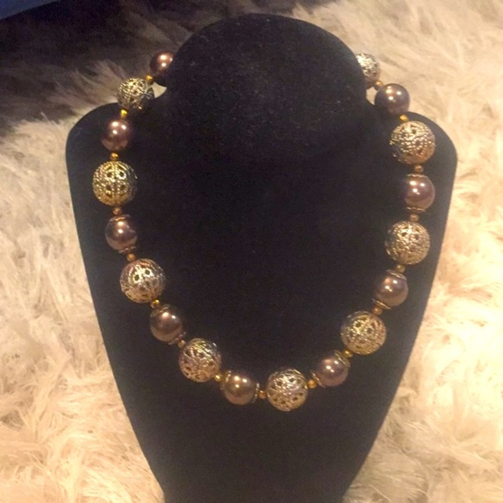 Brown and Gold Fashion Necklace withh round beads, tailored, businesss casual